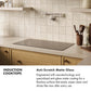 Induction Cooktops Infographic. Image: An induction cooktop set into a light beige countertop. Text: Anti-Scratch Matte Glass. Engineered with nanotechnology and a specialized anti-glare matte coating for a flawless surface that easily wipes clean and shines like new after every use.