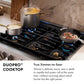 DuoPro™ Cooktop Infographic. Text: True Simmer-to-Sear. Simmer a delicate sauce, sear a steak, or rapidly boil pasta—all at the same time, without worry about which burner has the right power.