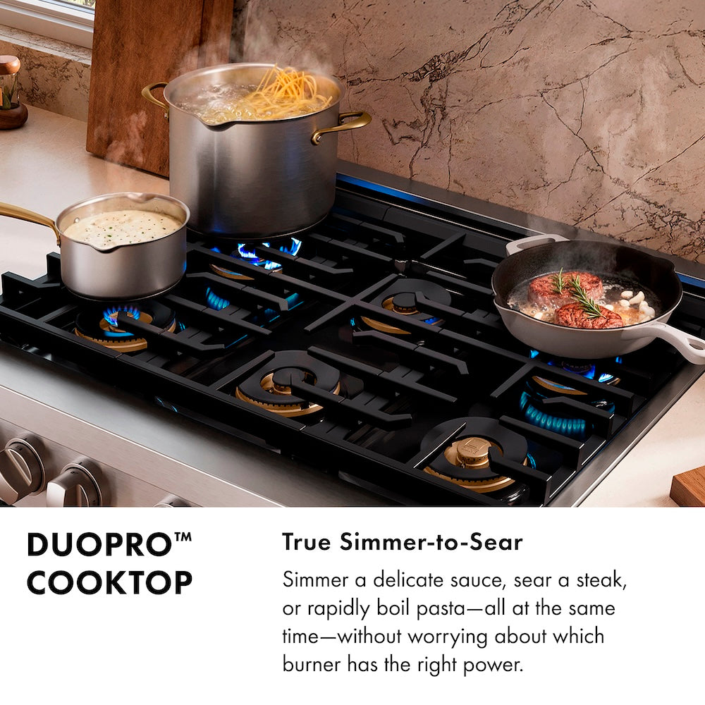 ZLINE Autograph Edition 36 in. 5.2 cu. ft. Classic Dual Fuel Range with 6 Burner DuoPro™ Cooktop and Electric Convection Oven in Black Stainless Steel and Champagne Bronze Accents, Open Box-Great Condition