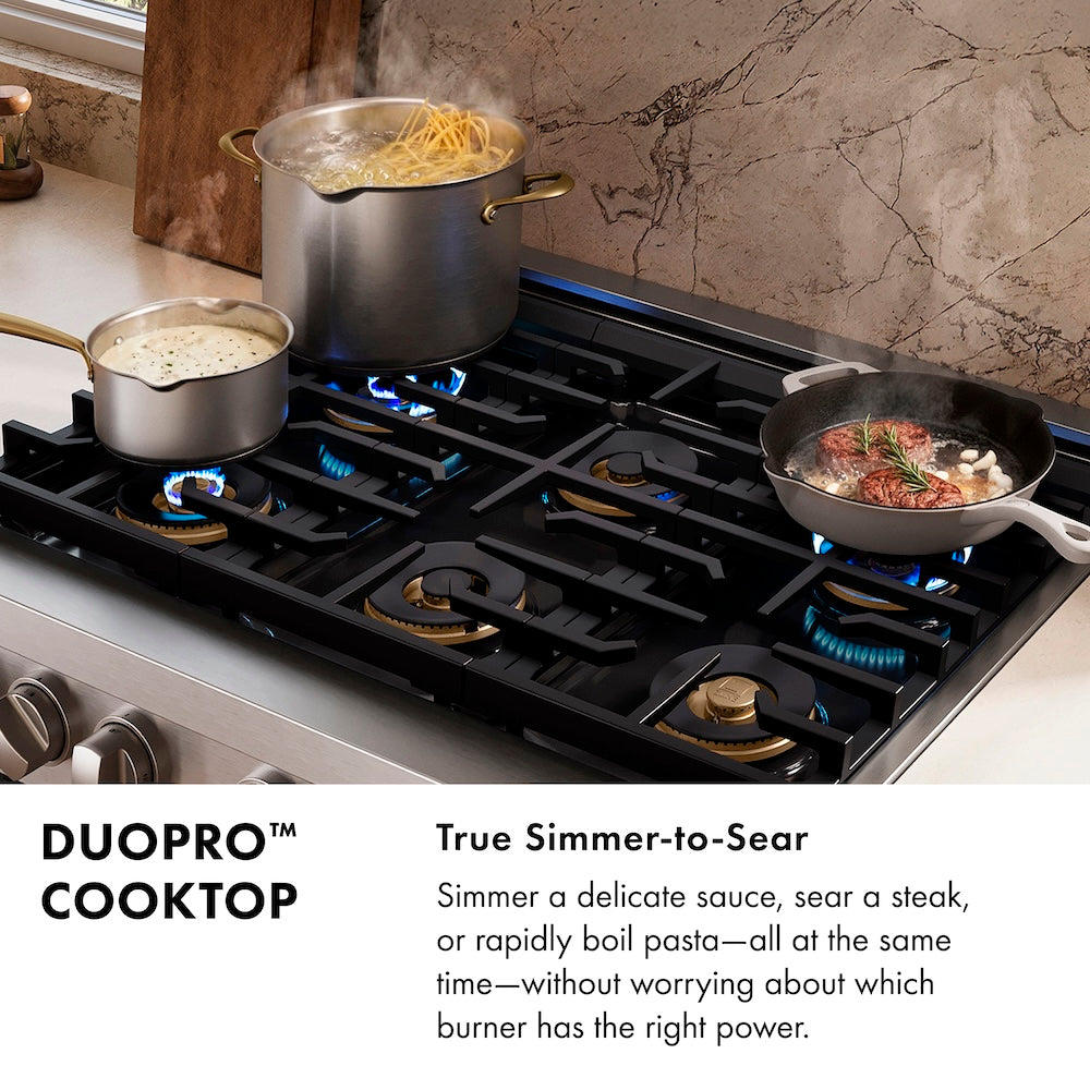 DuoPro™ Cooktop Infographic. Text: True Simmer-to-Sear. Simmer a delicate sauce, sear a steak, or rapidly boil pasta—all at the same time, without worry about which burner has the right power.