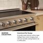 ZLINE Marino Collection Infographic. Image: A close-up of a Marino range hood in a kitchen with a tile backsplash. Text: Intentional By Design. A durable matte induction surface meets intelligent heat control, bringing visual calm and versatile cooking freedom into a unified plane.