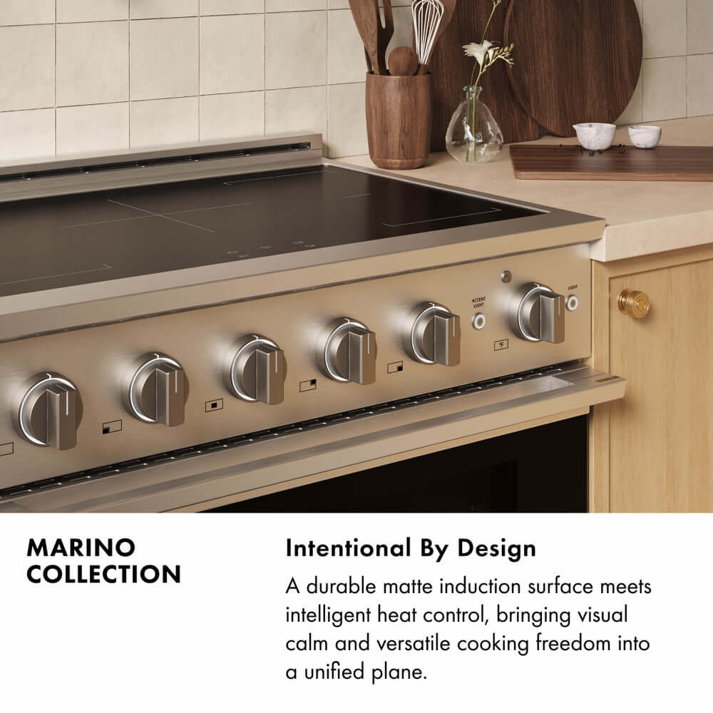 ZLINE Marino Collection Infographic. Image: A close-up of a Marino range hood in a kitchen with a tile backsplash. Text: Intentional By Design. A durable matte induction surface meets intelligent heat control, bringing visual calm and versatile cooking freedom into a unified plane.
