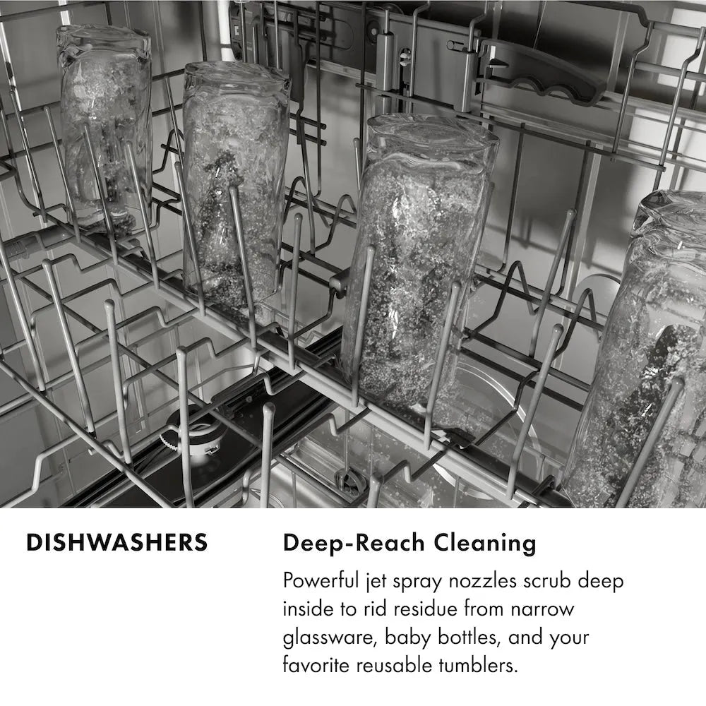 ZLINE Dishwasher Infographic. Image: Glass bottles being cleaned with jet spray nozzles. Text: Deep-reach cleaning. Powerful jet spray nozzles scrub deep inside to rid residue from narrow glassware, baby bottles, and your favorite reusable tumblers.