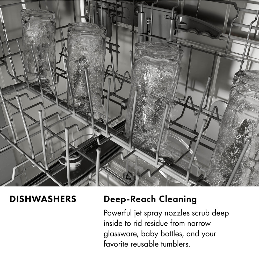 ZLINE Dishwasher Infographic. Image: Glass bottles being cleaned with jet spray nozzles. Text: Deep-reach cleaning. Powerful jet spray nozzles scrub deep inside to rid residue from narrow glassware, baby bottles, and your favorite reusable tumblers.