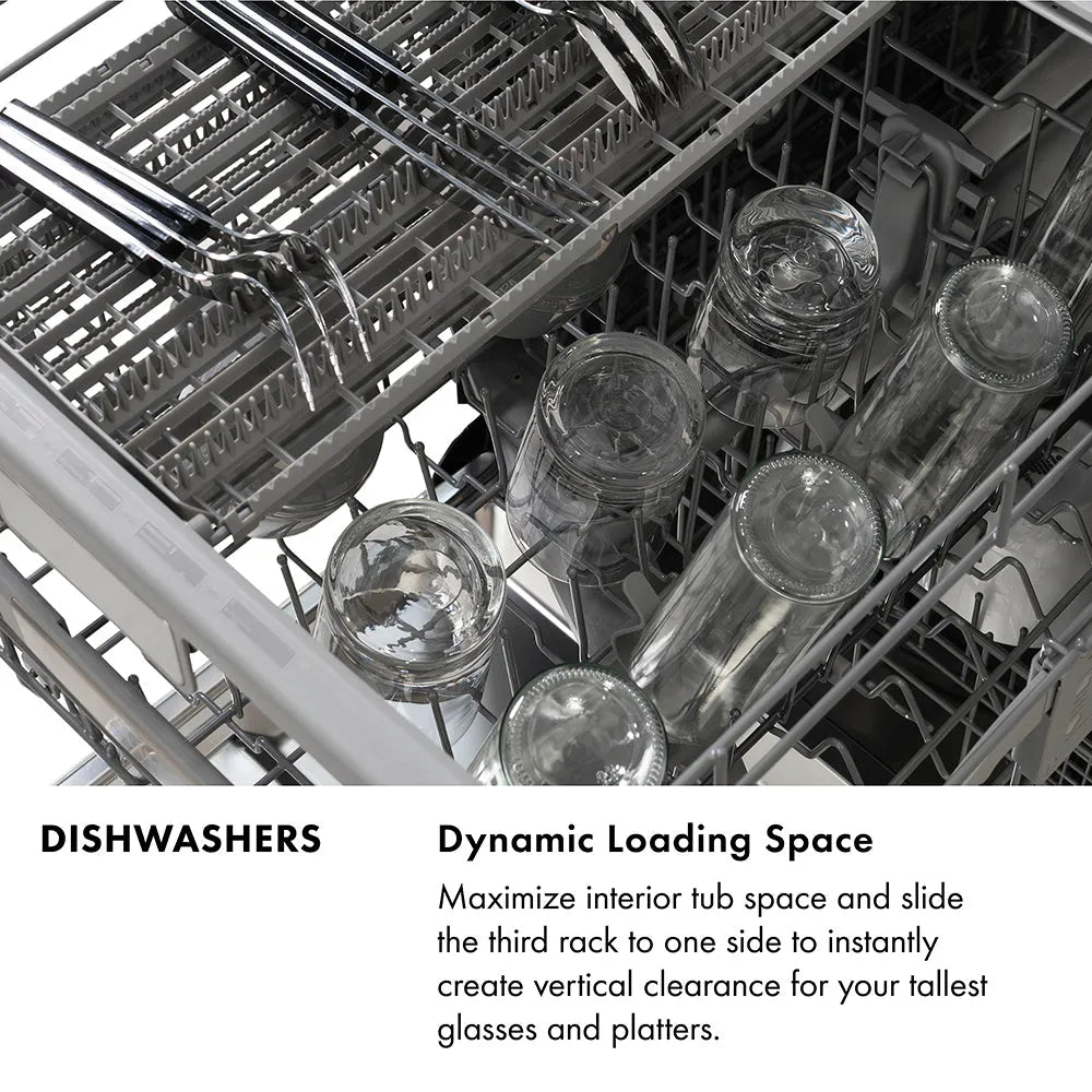 ZLINE Dishwasher Infographic. Image: Dishwasher with dynamic loading space feature, showing glasses and platters.. Text: Dynamic Loading Space. Maximize interior tub space and slide the slide rack to one side to instantly create vertical clearance for your tallest glasses and platters.