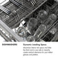 ZLINE Dishwasher Infographic. Image: Dishwasher with dynamic loading space feature, showing glasses and platters.. Text: Dynamic Loading Space. Maximize interior tub space and slide the slide rack to one side to instantly create vertical clearance for your tallest glasses and platters.