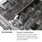 ZLINE Dishwasher Infographic. Image: Dishwasher with dynamic loading space feature, showing glasses and platters. Text: Dynamic Loading Space. Maximize interior tub space and slide the third rack to one side to instantly create vertical clearance for your tallest glasses and platters.