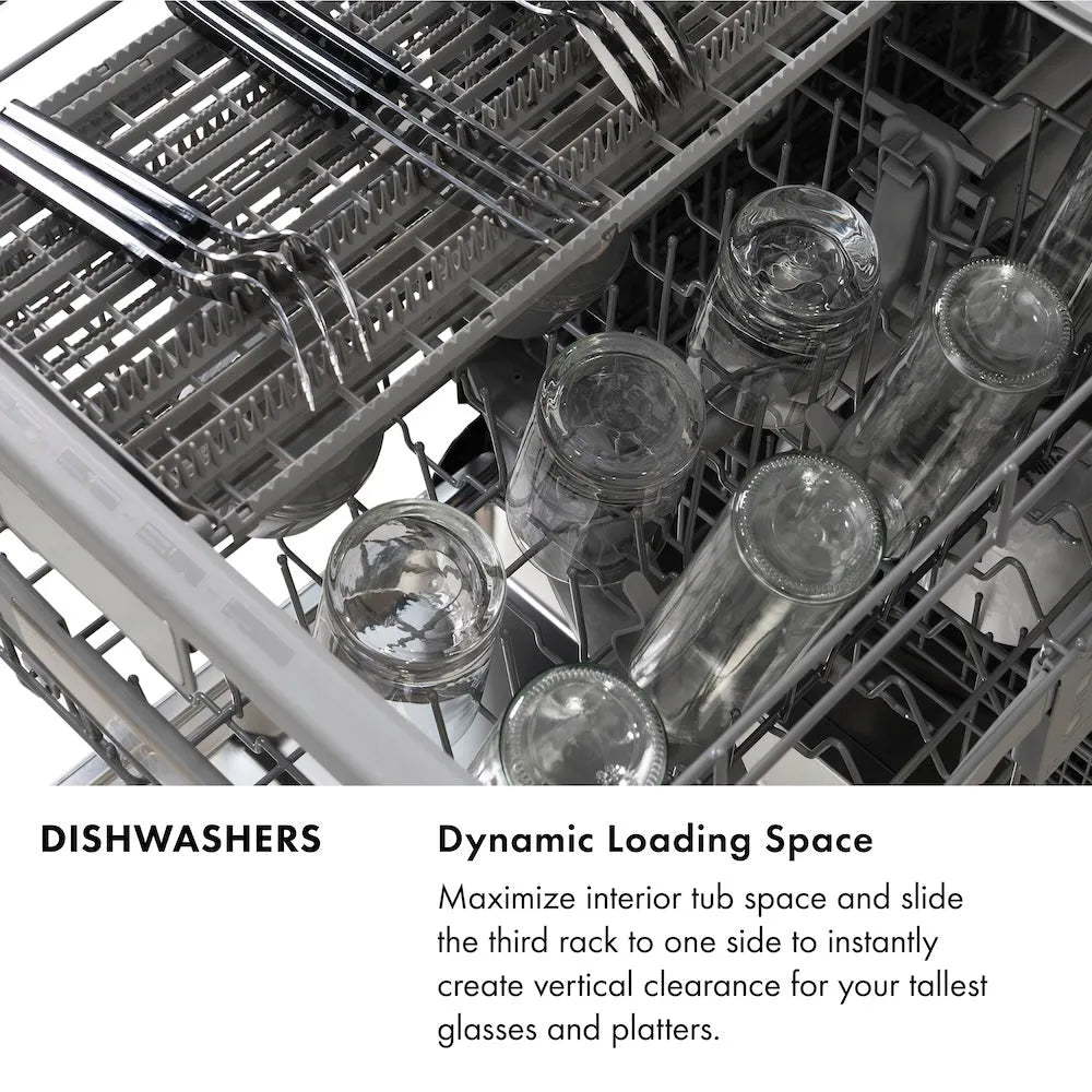 ZLINE Dishwasher Infographic. Image: Dishwasher with dynamic loading space feature, showing glasses and platters. Text: Dynamic Loading Space. Maximize interior tub space and slide the third rack to one side to instantly create vertical clearance for your tallest glasses and platters.
