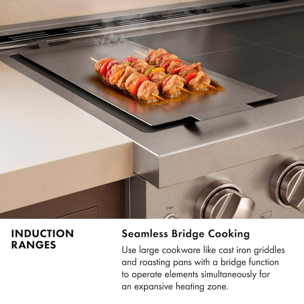 ZLINE Induction Ranges Infographic. Image: Food being cooked on a griddle. Text: Seamless Bridge Cooking. Use large cookware like cast iron griddles and roasting pans with a bridge function to operate elements simultaneously for an expansive heating zone.