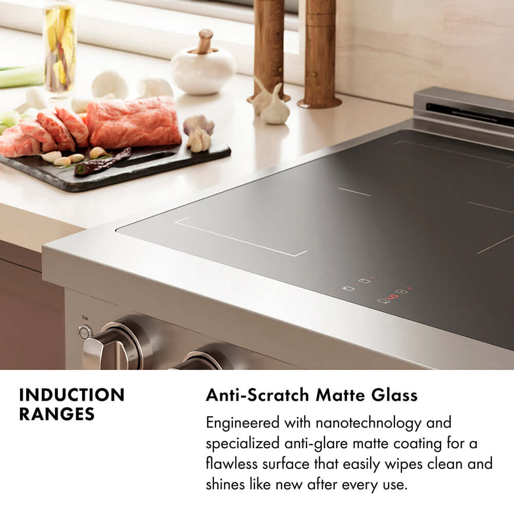 ZLINE Induction Ranges Infographic. Image: Anti-scratch matte glass surface in a kitchen setting. Text: Anti-Scratch Matte Glass. Engineered with nanotechnology and specialized anti-glare matte coating for a flawless surface that easily wipes clean and shines like new after every use.