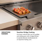 ZLINE Induction Ranges Infographic. Image: Food being cooked on a griddle. Text: Seamless Bridge Cooking. Use large cookware like cast iron griddles and roasting pans with a bridge function to operate elements simultaneously for an expansive heating zone.