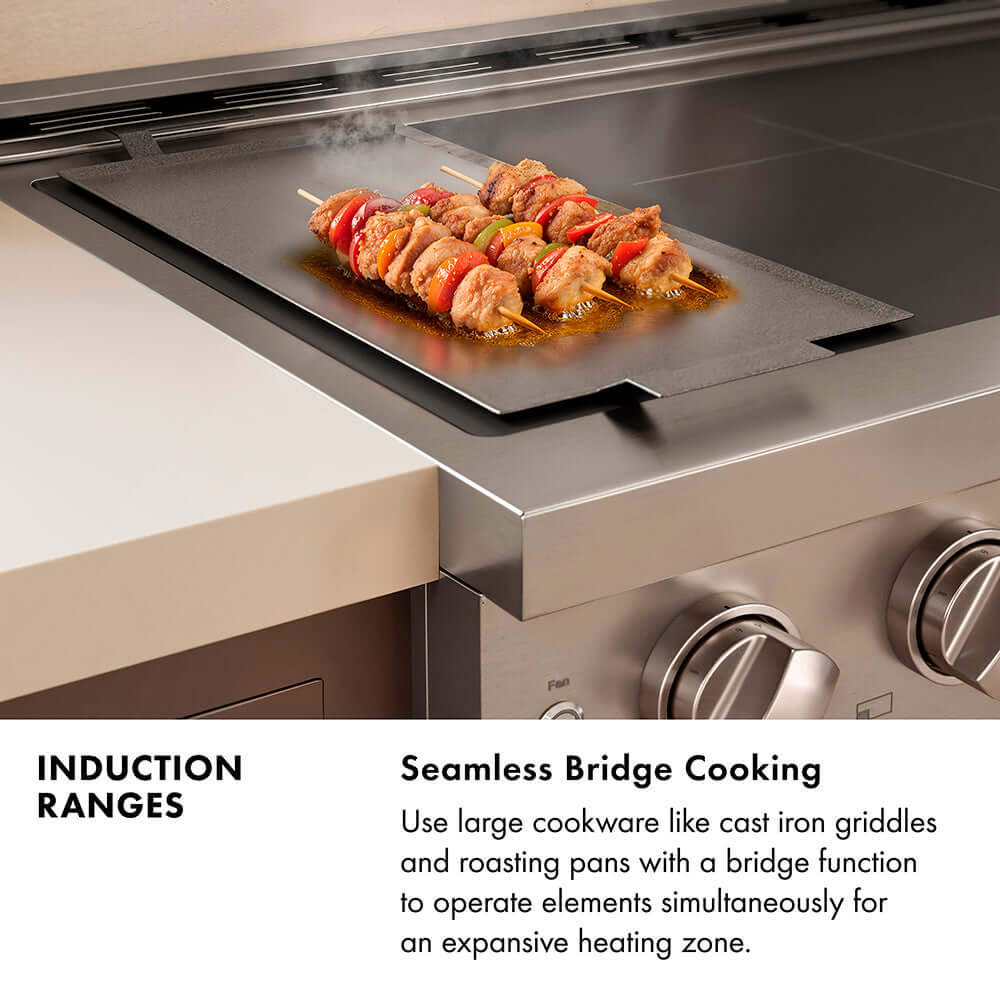 ZLINE Induction Ranges Infographic. Image: Food being cooked on a griddle. Text: Seamless Bridge Cooking. Use large cookware like cast iron griddles and roasting pans with a bridge function to operate elements simultaneously for an expansive heating zone.