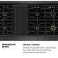 Paramount Series Infographic. Modern Cooktop. Text: Features an upgraded cast iron grate design for a bold style and easy transferring of cookware to various burners.
