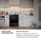 Black Satin Stainless Steel infographic. Image: Modern kitchen with black satin stainless steel appliances and white cabinets. Text: Built for Real Life. Designed to resist everyday messes like fingerprints, scratches, and corrosion, keeping even the busiest kitchens looking timeless.