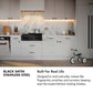 Black Satin Stainless Steel infographic. Image: Modern kitchen with black satin stainless steel appliances and white cabinets. Text: Built for Real Life. Designed to resist everyday messes like fingerprints, scratches, and corrosion, keeping even the busiest kitchens looking timeless.