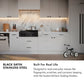 Black Satin Stainless Steel infographic. Image: Modern kitchen with black satin stainless steel appliances and white cabinets. Text: Built for Real Life. Designed to resist everyday messes like fingerprints, scratches, and corrosion, keeping even the busiest kitchens looking timeless.