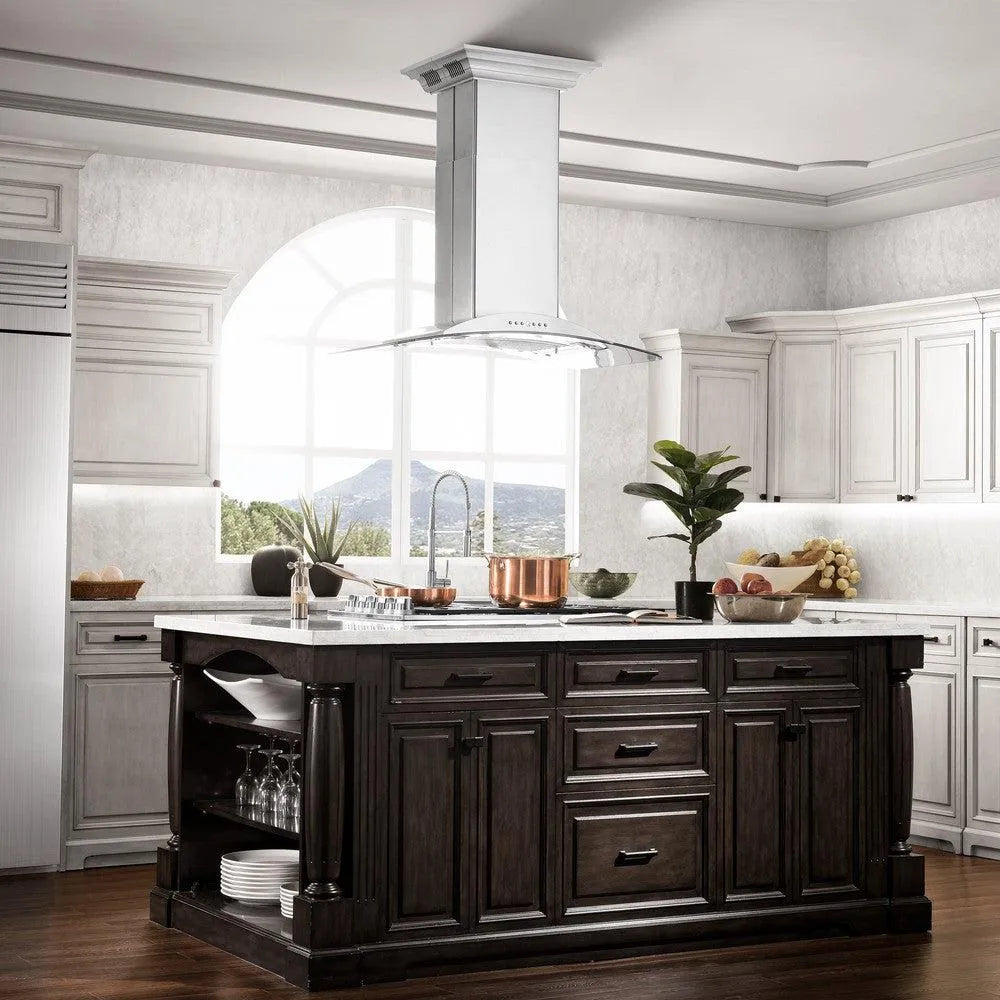 ZLINE Island Mount Range Hood in Stainless Steel with Built-in ZLINE CrownSound Bluetooth Speakers (GL9iCRN-BT) 
