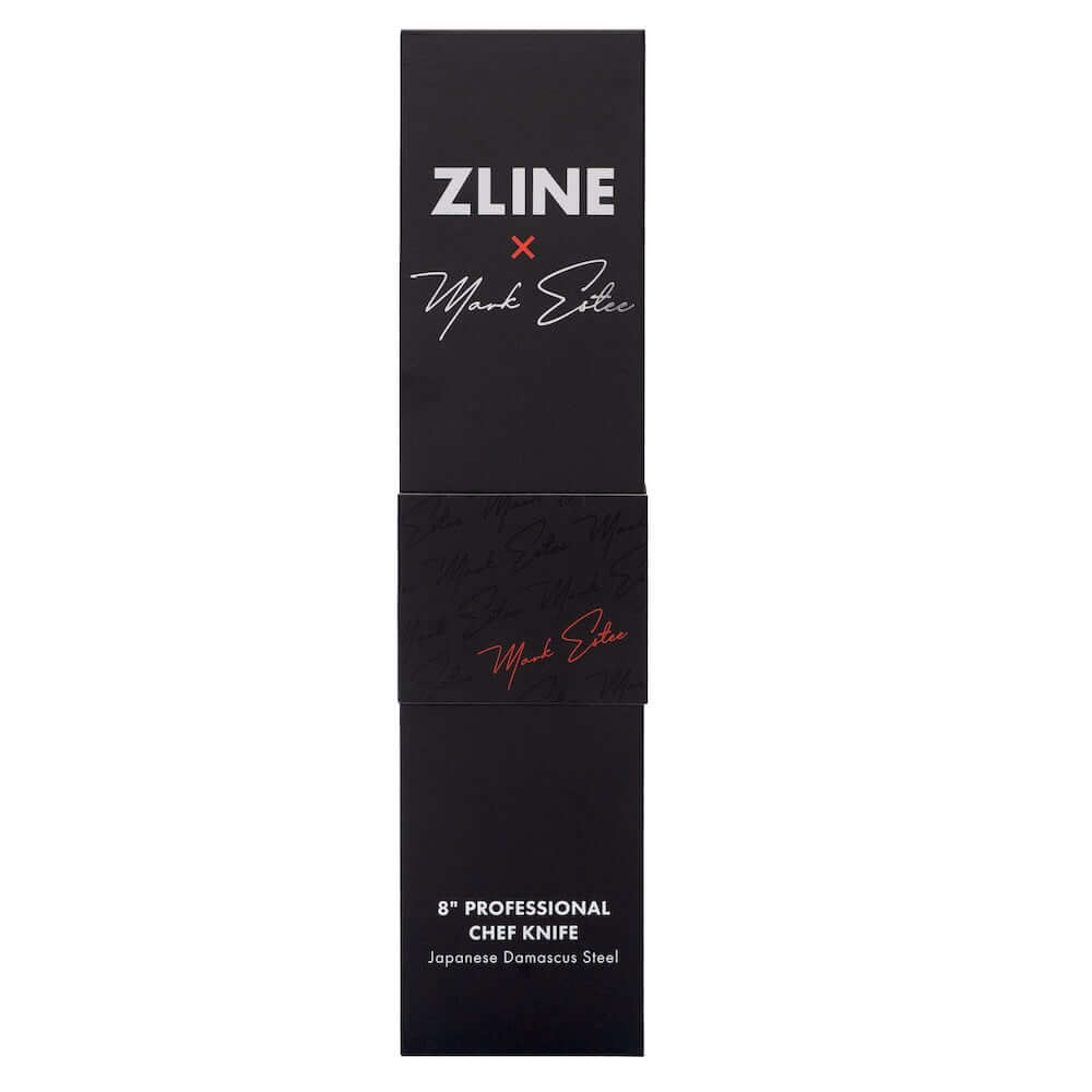 ZLINE Mark Estee 8 in. Professional Japanese Damascus Steel Chef Knife (KCKT-ME-JD) box front.