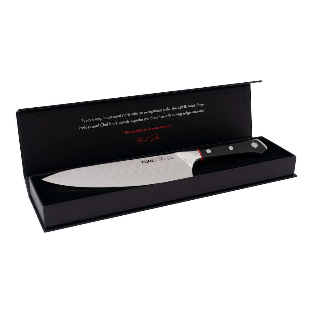 ZLINE Mark Estee 8 in. Professional Japanese Damascus Steel Chef Knife (KCKT-ME-JD) box open.