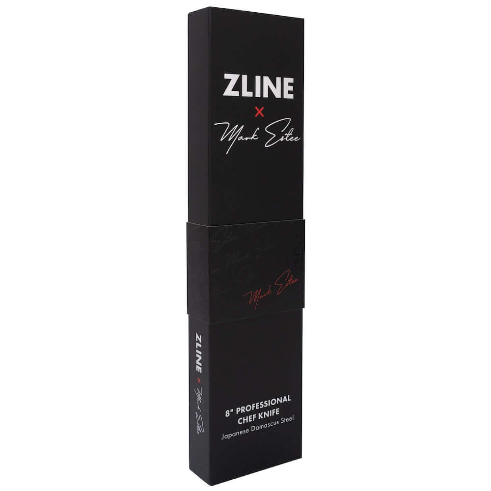 ZLINE Mark Estee 8 in. Professional Japanese Damascus Steel Chef Knife (KCKT-ME-JD) box side.