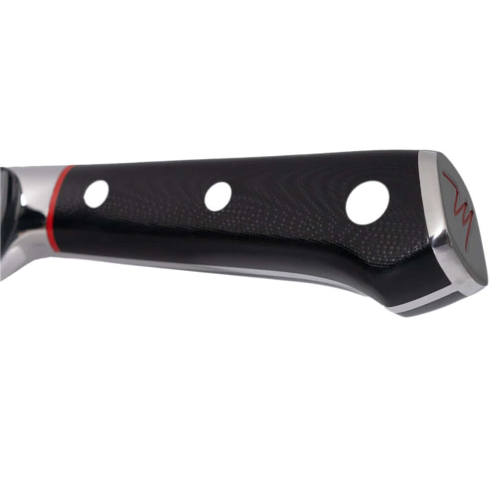 ZLINE Mark Estee 8 in. Professional Japanese Damascus Steel Chef Knife (KCKT-ME-JD) close-up, handle.