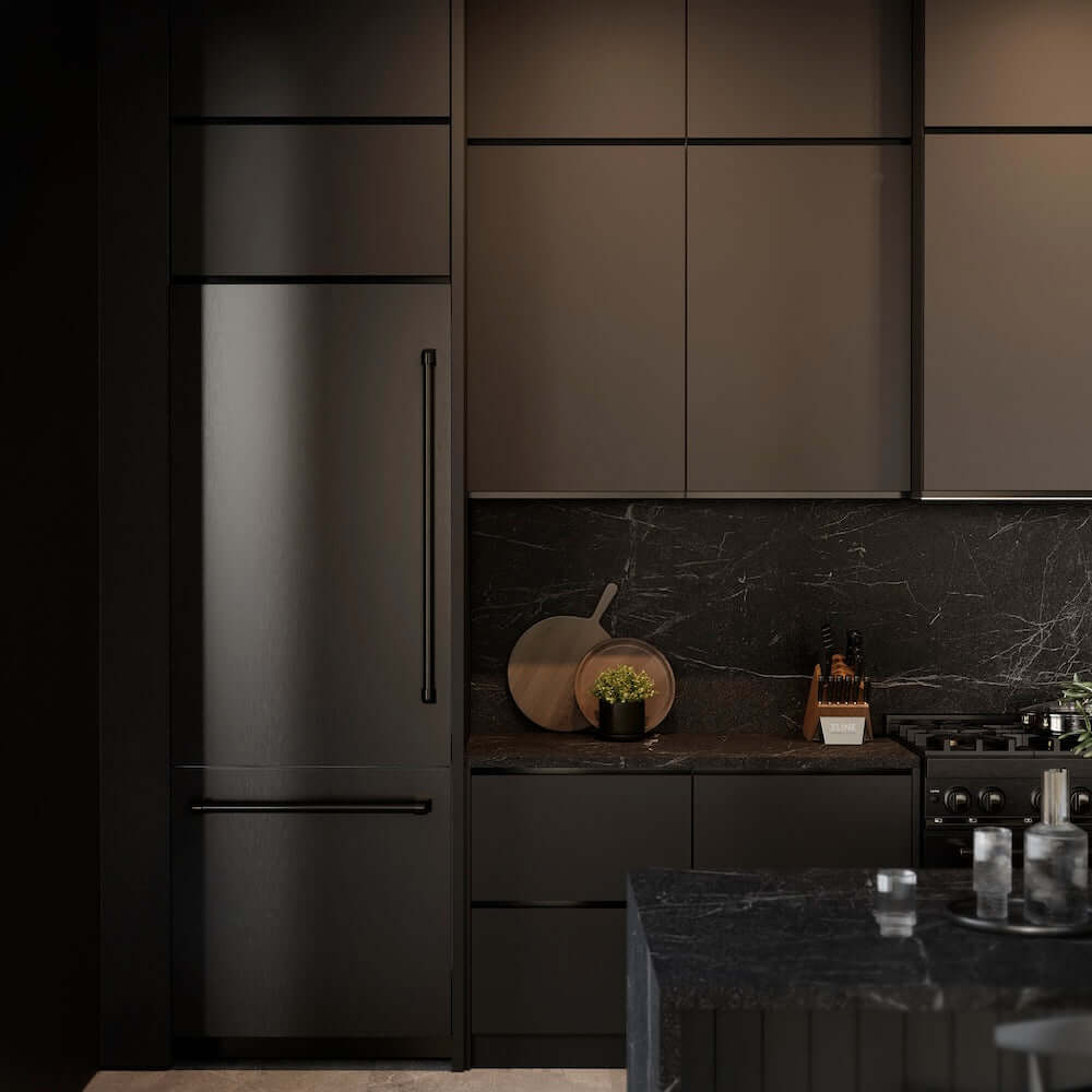 ZLINE 30 in. 16.1 cu. ft. Built-In Bottom Freezer Refrigerator with Water Dispenser and Ice Maker in Black Stainless Steel with Graphite Gray Interior (GRBIV-BS-30) lifestyle, in a luxury kitchen.