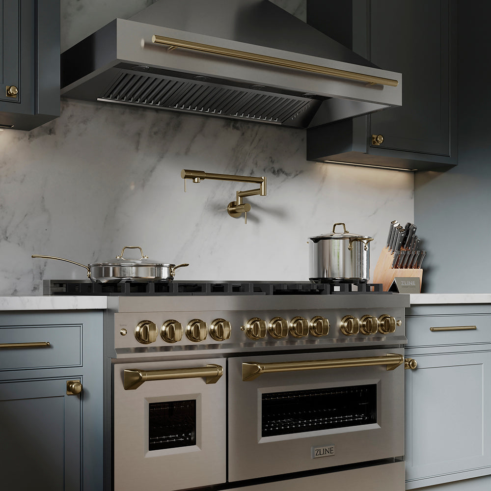 ZLINE Autograph Edition 48 in. 6.0 cu. ft. Legacy Dual Fuel Range with 7 Burner Gas Cooktop and 2 Electric Ovens in Stainless Steel and Champagne Bronze Accents, Open Box-Good Condition