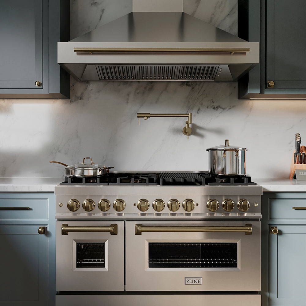ZLINE Autograph Edition 48 in. 6.0 cu. ft. Legacy Dual Fuel Range with 7 Burner Gas Cooktop and 2 Electric Ovens in Stainless Steel and Champagne Bronze Accents, Open Box-Good Condition