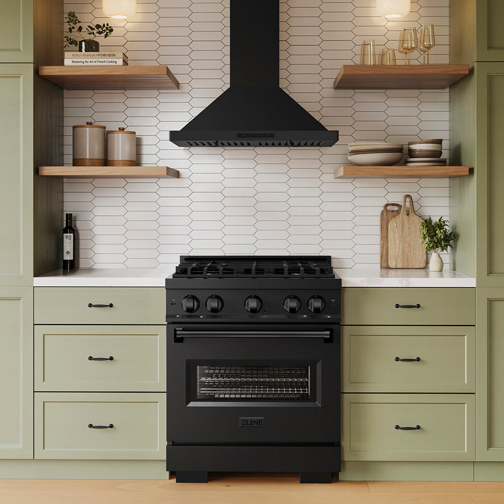 Custom kitchen with ZLINE Convertible Vent Wall Mount Range Hood in Black Stainless Steel (BSKBN) and white cabinets, front.