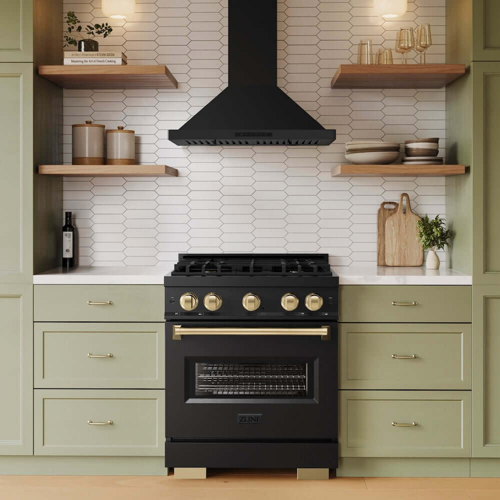 ZLINE Autograph Edition 30 in. 4.2 cu. ft. Classic Gas Range with 4 Burner Cooktop and Convection Gas Oven in Black Stainless Steel and Champagne Bronze Accents, Open Box-Good Condition