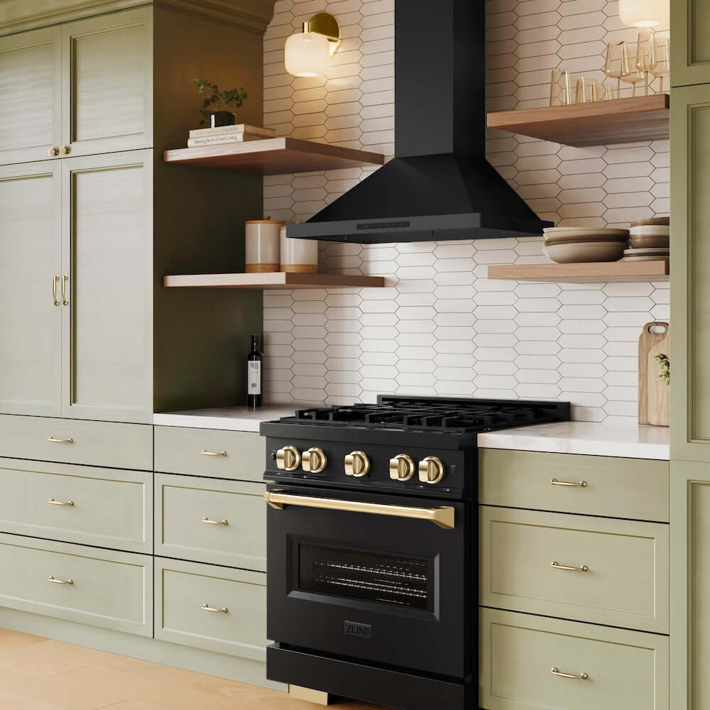 ZLINE Autograph Edition 30 in. 4.2 cu. ft. Classic Gas Range with 4 Burner Cooktop and Convection Gas Oven in Black Stainless Steel and Polished Gold Accents, Open Box-Good Condition