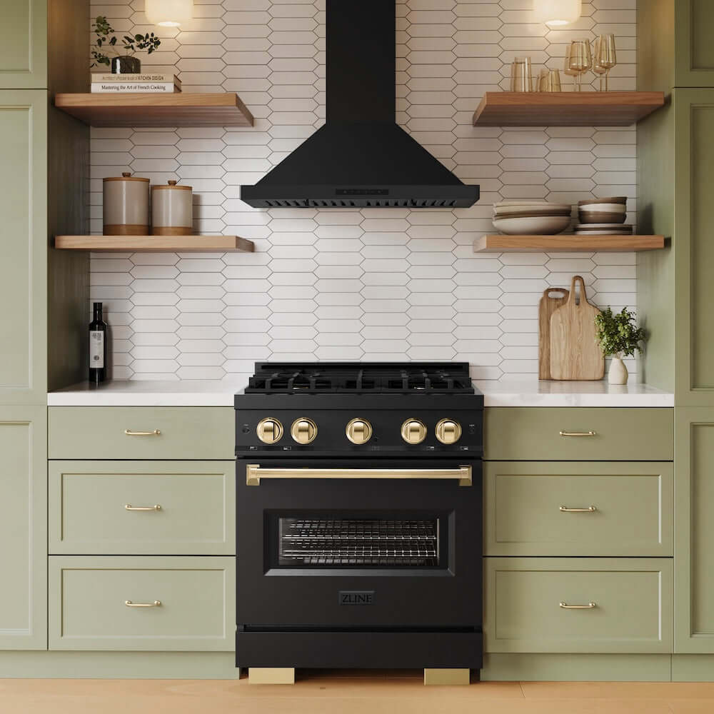 ZLINE Autograph Edition 30 in. 4.2 cu. ft. Classic Gas Range with 4 Burner Cooktop and Convection Gas Oven in Black Stainless Steel and Polished Gold Accents, Open Box-Good Condition
