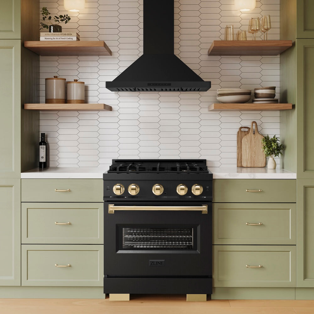 ZLINE Autograph Edition 30 in. 4.2 cu. ft. Classic Gas Range with 4 Burner Cooktop and Convection Gas Oven in Black Stainless Steel and Polished Gold Accents, Open Box-Great Condition
