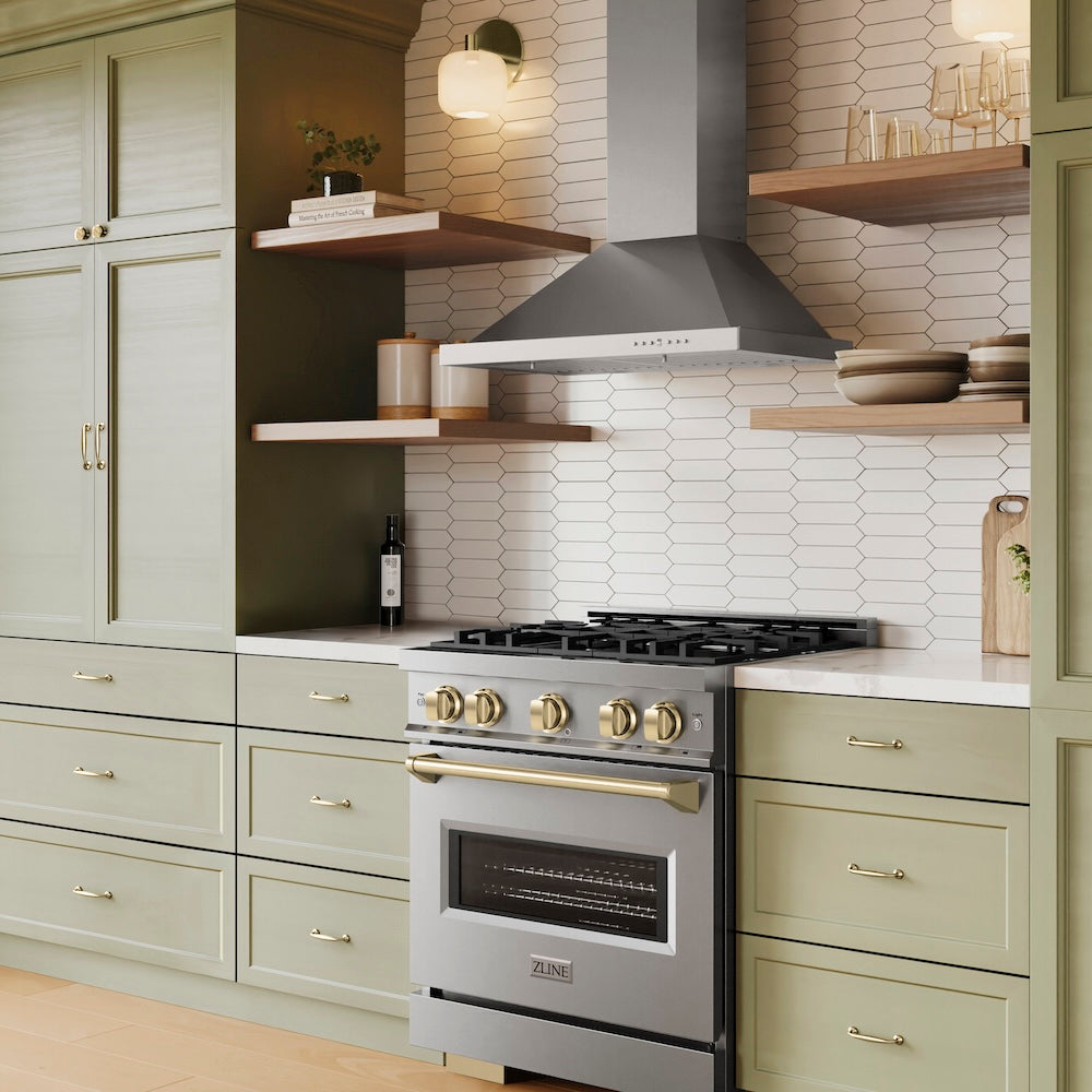 ZLINE Autograph Edition 30 in. 4.2 cu. ft. Classic Gas Range with 4 Burner Cooktop and Convection Gas Oven in Stainless Steel and Champagne Bronze Accents, Open Box-Great Condition