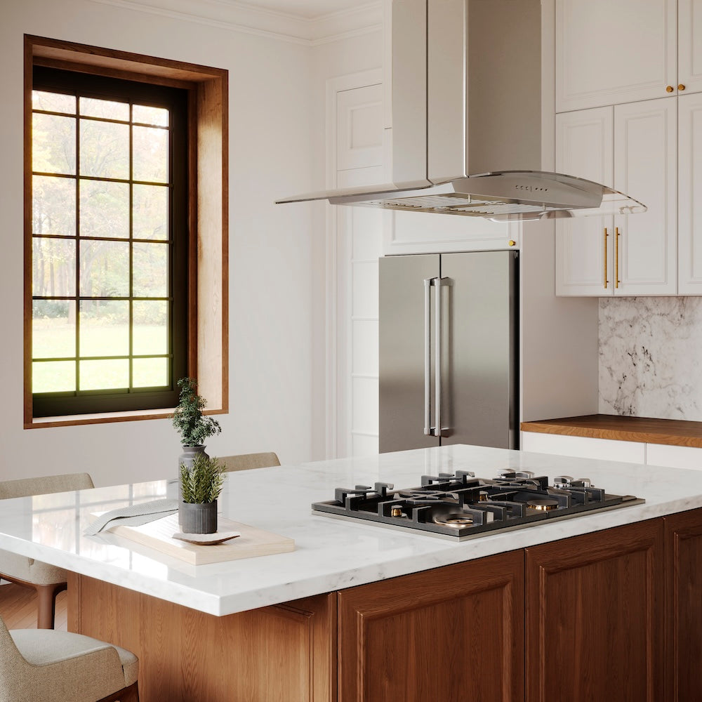 ZLINE 30 in. Gas Cooktop with 4 Brass Burners and Black Porcelain Top (RC-BR-30-PBT) in a kitchen with stainless steel appliances, wooden cabinets, and a window.