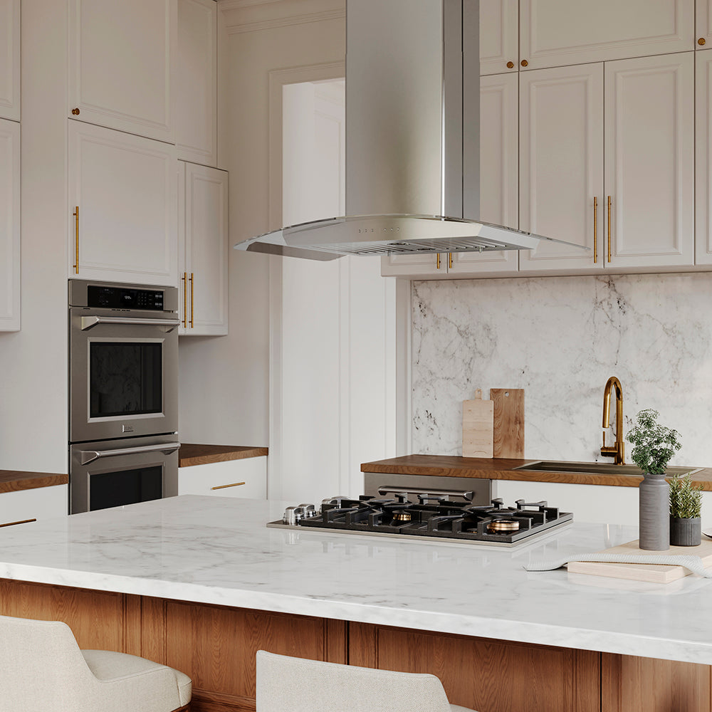ZLINE 30 in. Professional True Convection Double Wall Oven with Air Fry and Self Clean in Stainless Steel (WAD-30) in a kitchen with marble countertops, stainless steel appliances, and white cabinets.
