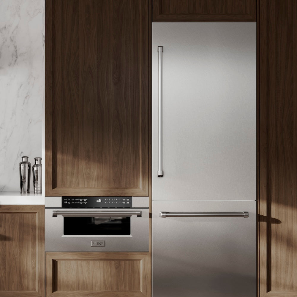 ZLINE 30 in 1.2 cu. ft. Built-in Microwave Drawer in Satin Stainless Steel (MWD-30-SS) in a kitchen with a matching refrigerator and wooden cabinets.