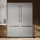 ZLINE 60 in. 32.2 cu. ft. French Door Built-In Bottom Freezer Refrigerator with Water Dispensers and Ice Makers in Satin Stainless Steel (RBIV-SN-60) in a kitchen with wooden cabinets and marble countertop.
