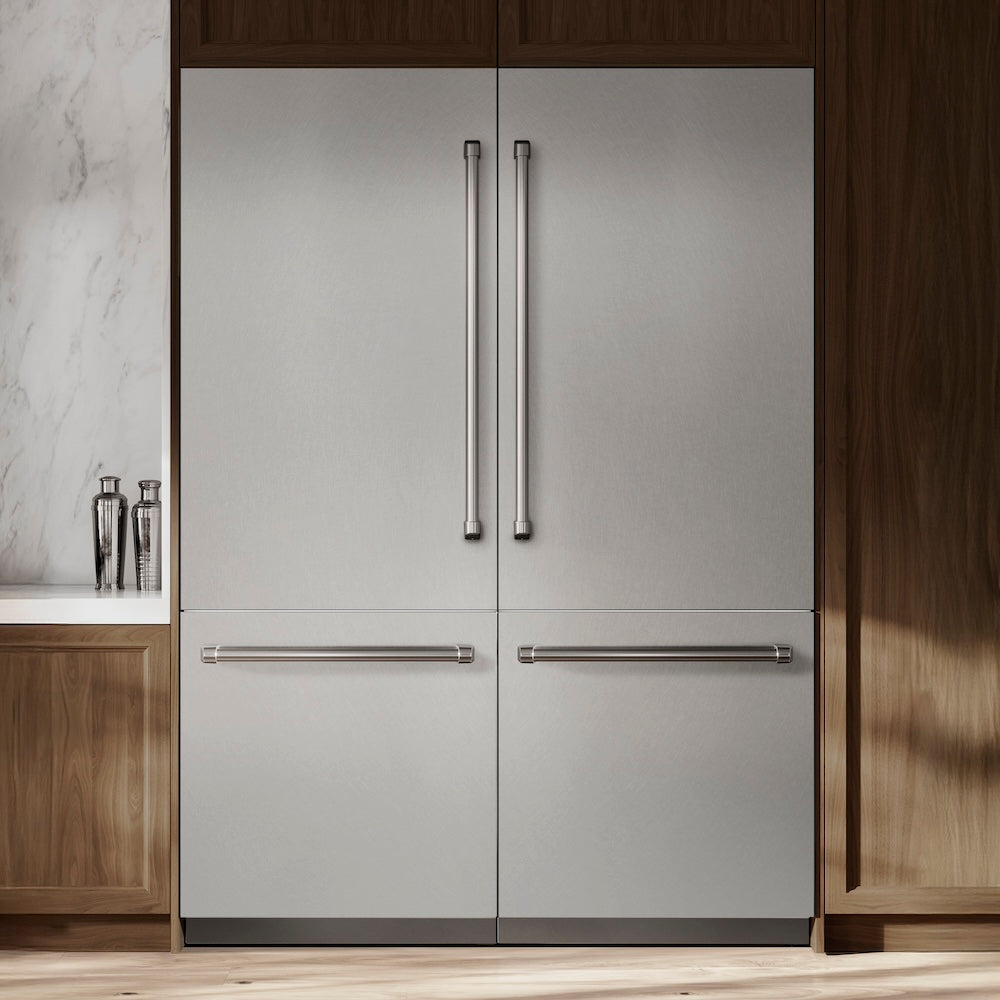 ZLINE 60 in. 32.2 cu. ft. French Door Built-In Bottom Freezer Refrigerator with Water Dispensers and Ice Makers in Satin Stainless Steel with Graphite Gray Interior (GRBIV-SN-60) in a kitchen with wooden cabinets and marble countertop.