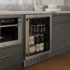 Luxury kitchen with a ZLINE Autograph Edition 24 in. Monument 154 Can Beverage Fridge in Stainless Steel with Champagne Bronze Accents (RBVZ-US-24-CB)