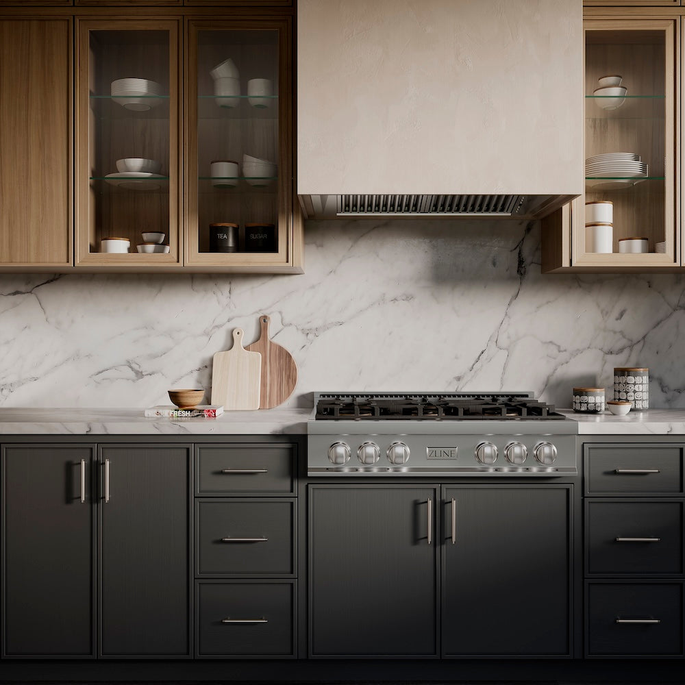 ZLINE 36 in. Classic Gas Rangetop with 6 Burner DuoPro™ Cooktop in Stainless Steel (PCRT36) in a kitchen with gray cabinets and marble backsplash.