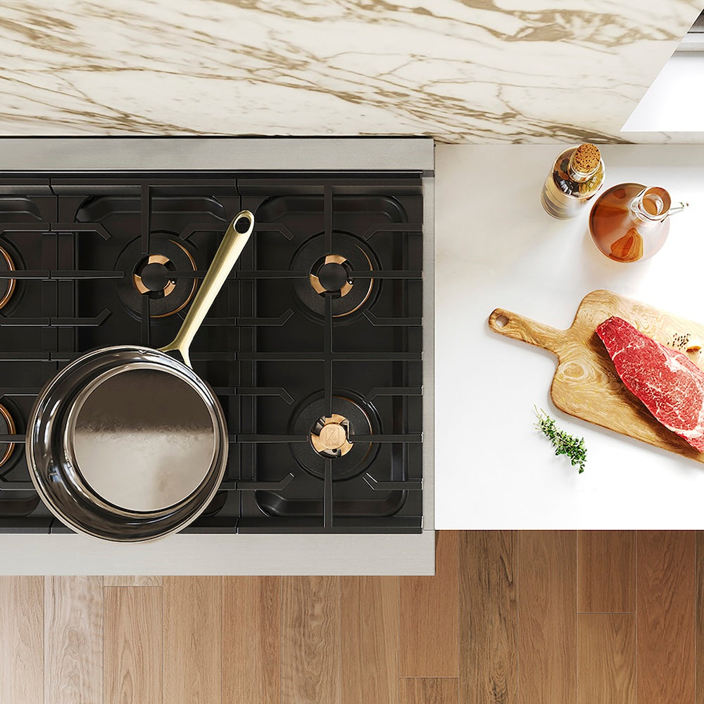 ZLINE 48 in. 6.7 cu. ft. Paramount Gas Range with 8 Burner DuoPro™ Cooktop and Dual Ovens in Stainless Steel (PSGR48) top-down, above cooktop.