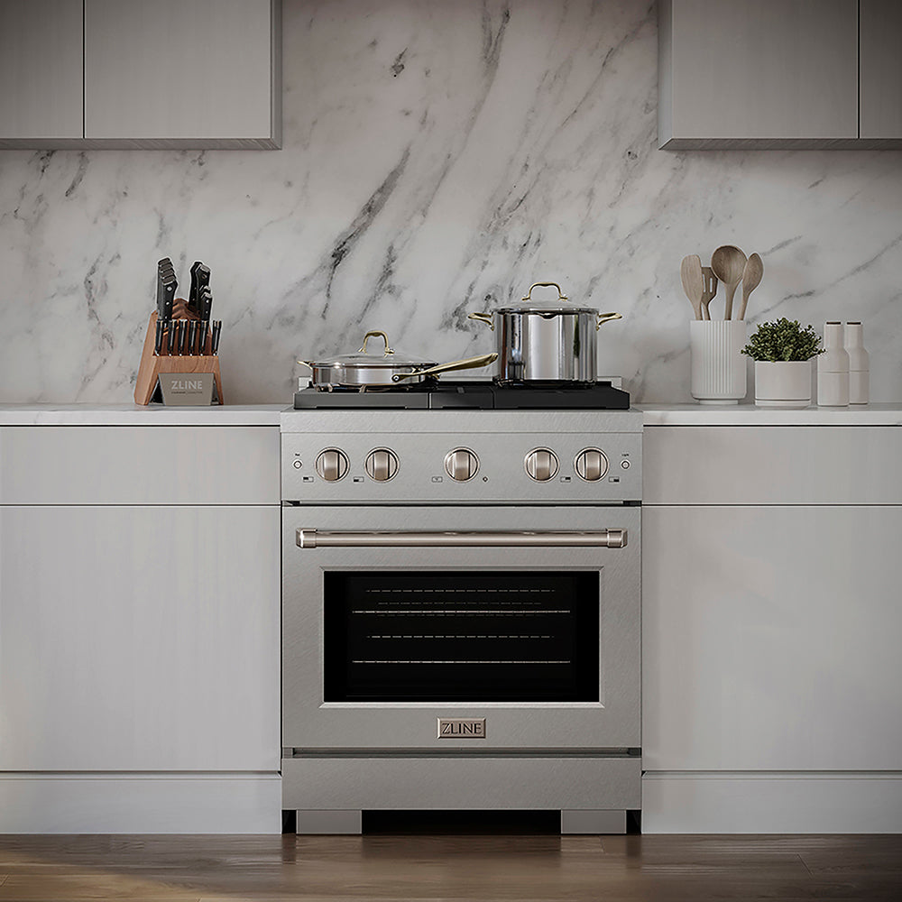 ZLINE 30 in. 4.2 cu. ft. Paramount Gas Range with 4 Burner DuoPro™ Cooktop and Convection Gas Oven in Satin Stainless Steel, Open Box-Good Condition
