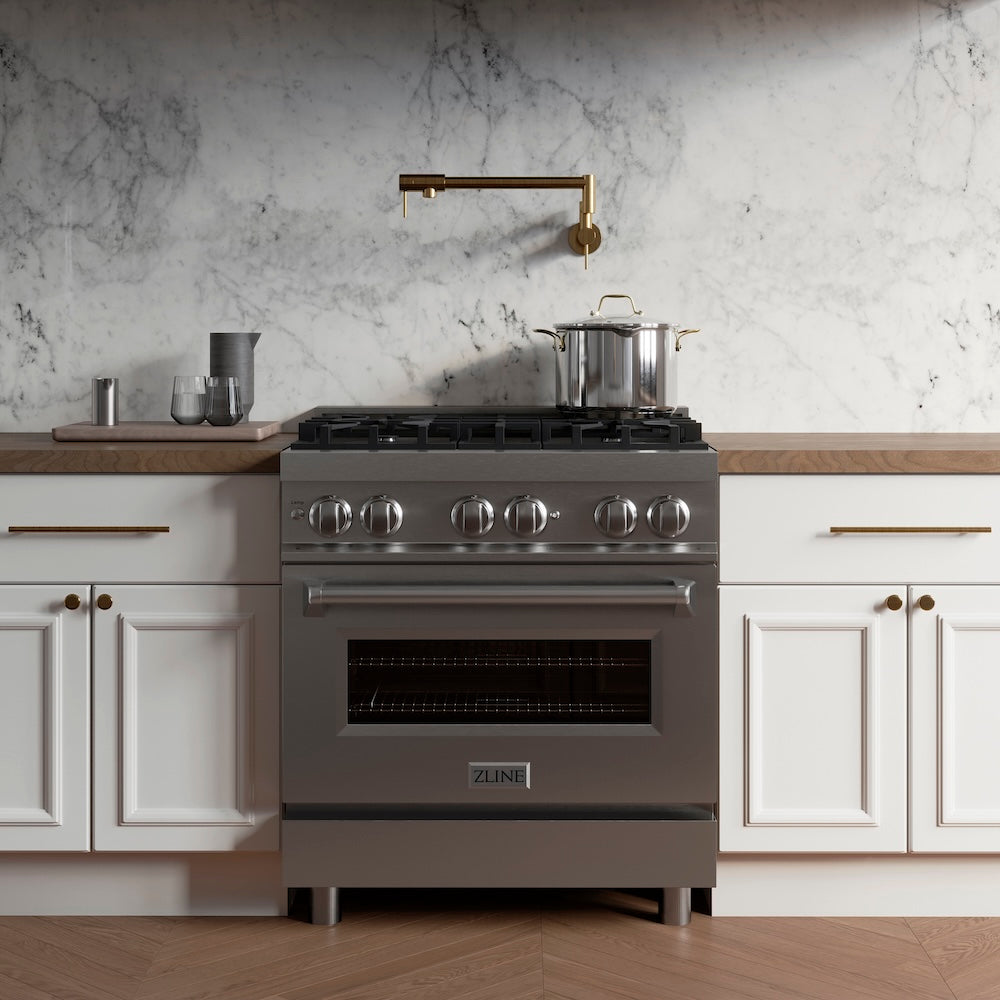 ZLINE 30 in. 4.0 cu. ft. Legacy Dual Fuel Range with 4 Burner Gas Cooktop and Electric Convection Oven in Stainless Steel (RA30) in a modern kitchen with marble backsplash and wooden countertops.