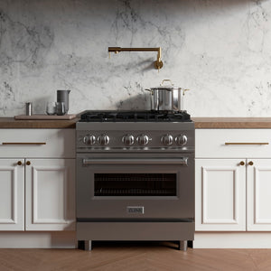 ZLINE 30 in. 4.0 cu. ft. Legacy Dual Fuel Range with 4 Burner Gas Cooktop and Electric Convection Oven in Stainless Steel (RA30) in a modern kitchen with marble backsplash and wooden countertops.