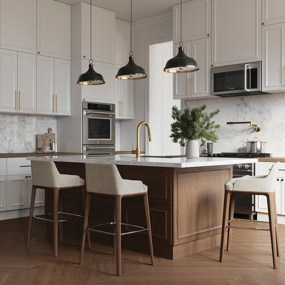 ZLINE 30 in. Recirculating Over the Range Convection Microwave Oven with Traditional Handle and Charcoal Filters in Stainless Steel (MWO-OTRCFH-30) in a kitchen with marble countertops, stainless steel appliances, and wooden island.