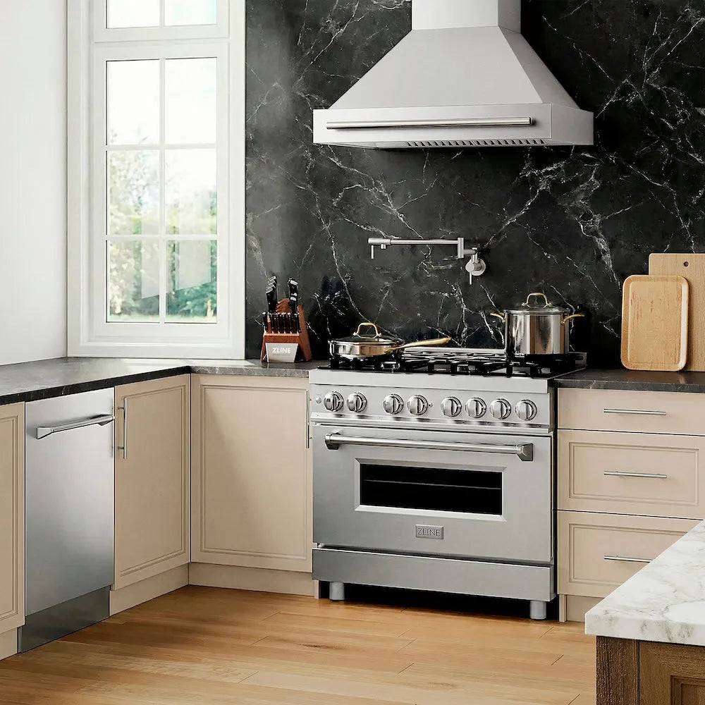 Modern kitchen with ZLINE 36 in. 4.6 cu. ft. Legacy Dual Fuel Range with 6 Burner Gas Cooktop and Electric Convection Oven in Stainless Steel (RA36) and range hood, marble backsplash, and wooden flooring.