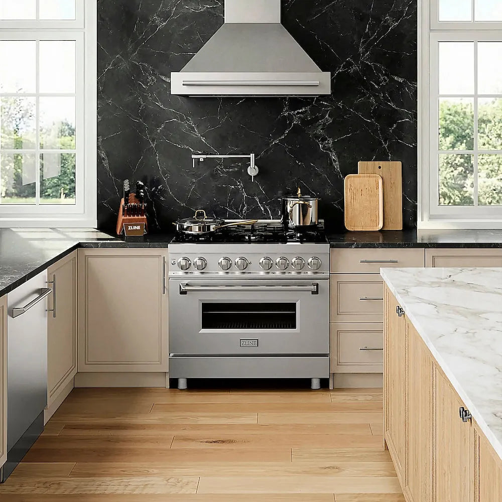 Modern kitchen with ZLINE 36 in. 4.6 cu. ft. Legacy Dual Fuel Range with 6 Burner Gas Cooktop and Electric Convection Oven in Stainless Steel (RA36), marble countertops, and black marble backsplash.
