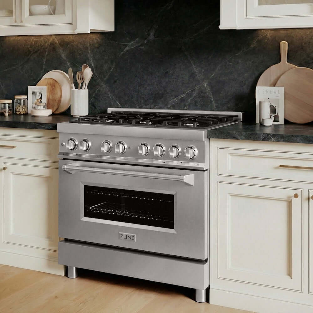 ZLINE 36 in. 4.6 cu. ft. Legacy Dual Fuel Range with 6 Burner Gas Cooktop and Electric Convection Oven in Stainless Steel, Open Box-Excellent Condition