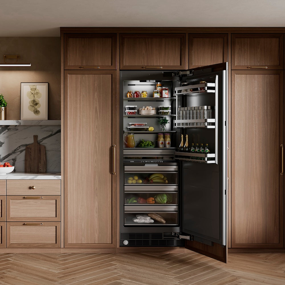 ZLINE 30 in. 16.7 cu. ft. Panel Ready Column Refrigerator with Graphite Gray Interior (RBCRV-30) in a modern kitchen with the unit open, displaying various food items.